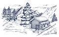 Winter. House in a snowy forest. Snow. Nature in the mountains sketch, winter landscape and winter hut rest. Winter Royalty Free Stock Photo