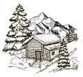 Winter. House in a snowy forest. Snow. Nature in the mountains sketch, winter landscape and winter hut rest Royalty Free Stock Photo