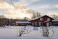 Winter house on winter snowy panoramic landscape