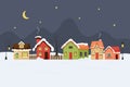 Winter houses. Flat set of houses in the snow, a winter landscape, a winter village, the moon is in the sky, a starry Royalty Free Stock Photo