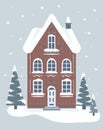 Winter houses, flat vector illustration. Christmas and New Year cards, invitations and web illustrations.