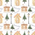 Winter Houses Seamless Pattern, Watercolor Town Repeat Digital Paper, Fabric Design, Cute Xmas Surface Pattern, Fabric Design,