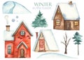 Watercolor set with winter houses, spruce, pine, snowdrifts, tree