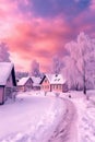 Winter houses and trees in a mountain snowy panoramic landscape Royalty Free Stock Photo