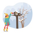 In Winter Hush, A Little Girl In A Cozy Scarf Delights In Feeding Chirping Birds At A Birdhouse, Vector Illustration Royalty Free Stock Photo