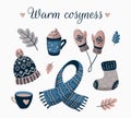 Winter hygge items illustrations set. Warm cosy cltohes cartoon drawings. Beanie hat and scarf, socks and coffee mugs