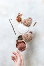 Winter ice cream with gingerbread cookies. Gingerbread cookies and ice cream fall or fly in motion Royalty Free Stock Photo