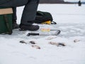 Winter ice fishing, lake, frosty day. fisherman collects gear Royalty Free Stock Photo