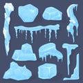 Winter icicles. Snow ice cap, frosted crystal cube white icicles sign, ice caps, piece and crystal block isolated vector