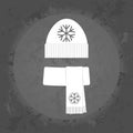 Winter icon, gloves or mittens with snowflake on gray vintage background .