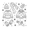 Winter icons clothes hand drawn doodle coloring