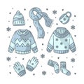 Winter icons clothes hand drawn doodle full color