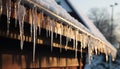 Winter icy roof melts, revealing nature frozen crystal patterns generated by AI