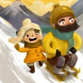 Winter illustration. Dad and a girl in a yellow jacket are sledding in a winter forest from a mountain