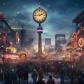 Winter illustration of a gathering of people and a tall clock in the middle measuring the time until the new year.