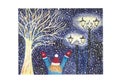 Winter illustration of a girl walking under the snowflakes at night Royalty Free Stock Photo