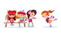 Winter illustration with group of cute girl on ice rink.