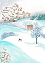 Winter illustration with a house. Christmas card.