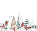 Winter illustration snowy street with cute houses, spruce, bushes in the snow, snowdrifts isolated on background. Hand