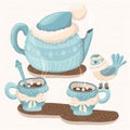 Winter Illustration With Teapot, Mugs And Bird