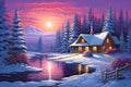 Winter illustration with a warmly lit wooden cabin beside a lake, with snow-covered pine trees and a vibrant sunset