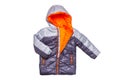 Winter jacket isolated. A stylish black warm down jacket with orange lining for the kids isolated on a white background. Childrens Royalty Free Stock Photo