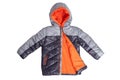 Winter jacket isolated. A stylish black warm down jacket with orange lining for the kids isolated on a white background. Childrens Royalty Free Stock Photo