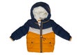 Winter jacket isolated. Stylish blue yellow cosy warm winter down jacket for kids isolated on a white background. Clipping path. Royalty Free Stock Photo