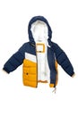 Winter jacket isolated. Stylish blue yellow cosy warm winter down jacket for kids isolated on a white background. Clipping path. Royalty Free Stock Photo