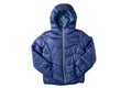 Winter jacket isolated. A stylish cosy warm blue down jacket for kids isolated on a white background. Fashionable clothing for