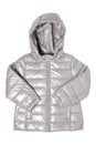 Winter jacket isolated. A stylish cozy warm silver gray down jacket for the kids isolated on a white background. Fashionable