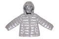 Winter jacket isolated. A stylish cozy warm silver gray down jacket for the kids isolated on a white background. Fashionable