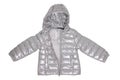 Winter jacket isolated. A stylish cozy warm silver gray down jacket for the kids isolated on a white background. Fashionable