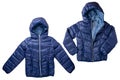 Winter jacket isolated. Two different views of a stylish cosy warm blue down jacket for kids isolated on a white background. Royalty Free Stock Photo