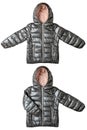 Winter jacket isolated. Two different views of a stylish cosy warm silver gray down jacket for kids isolated on a white background