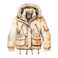 Winter jacket, winter accessories, watercolor illustration