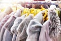 Winter jackets with grey fur collars in clothing store Royalty Free Stock Photo