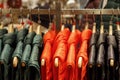 Winter jackets on a hanger in the store close-up Royalty Free Stock Photo
