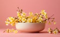 Winter Jasmine White Bowl Pink Background -Generative Ai