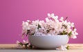 Winter Jasmine White Bowl Pink Background -Generative Ai