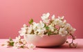 Winter Jasmine White Bowl Pink Background -Generative Ai