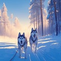 Winter journey Sled dog Siberian husky drives through snow covered forest Royalty Free Stock Photo