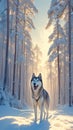 Winter journey Sled dog Siberian husky drives through snow covered forest Royalty Free Stock Photo