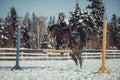 Winter jump horse ride jumping Royalty Free Stock Photo