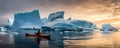 Winter kayaking in ice antartica. Frozen sea and glaciers around