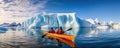 Winter kayaking in ice antartica. Frozen sea and glaciers around