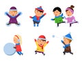 Winter kids clothes. Characters playing games in action poses cheering collection smile people snow boots cartoon flat Royalty Free Stock Photo