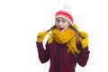 Winter Kids Concepts. Portrait of Extremely Surprised Caucasian Girl Posing in Winter Outfit Against White in Studio