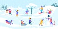 Winter kids games vector illustration. Little girl sculpts snowman, skating, skiing, sledding, dresses up Christmas tree Royalty Free Stock Photo