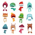 Winter kids hat. Warm childrens hats and scarves. Headwear and accessories for boys and girls cartoon vector set Royalty Free Stock Photo